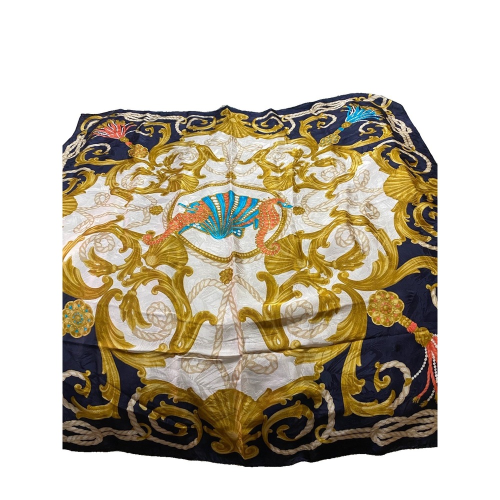 Large Square Silk Style Scarf Navy Blue Border Baroque Scrollwork Seahorse Seas